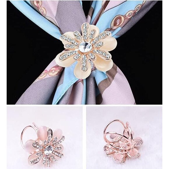 6pcs Women's Fashion Flover Faux Pearl Crystal Rhinestone Scarf Ring Buckle Clip - Picture 2 of 7